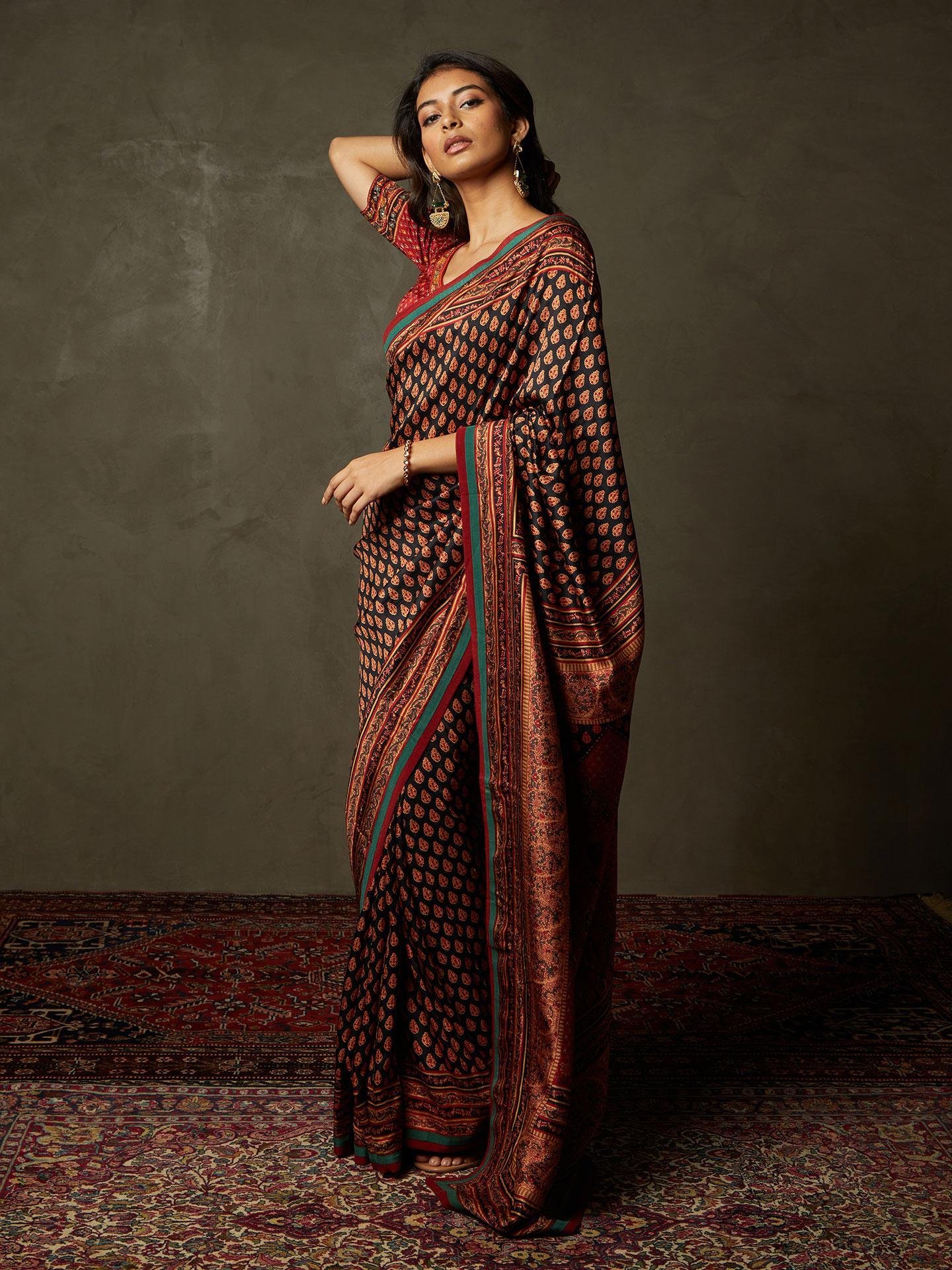 Black &amp; Red Sanganeri Saree With Unstitched Blouse - View 3
