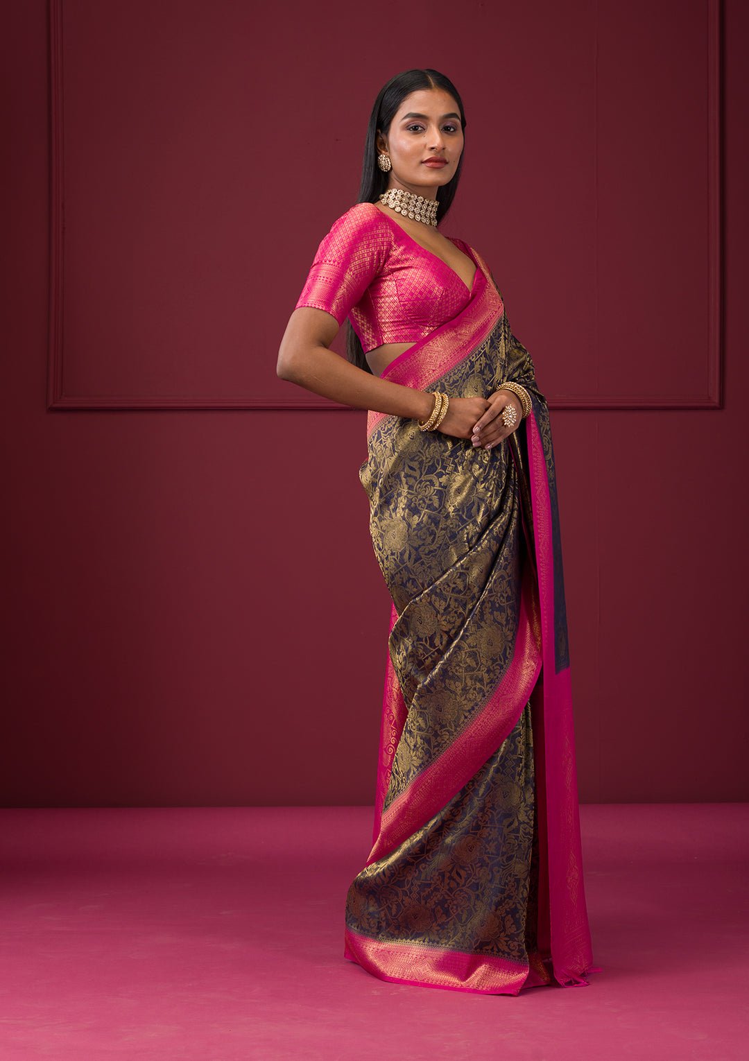 Navy Blue Zariwork Soft Silk Saree - View 5