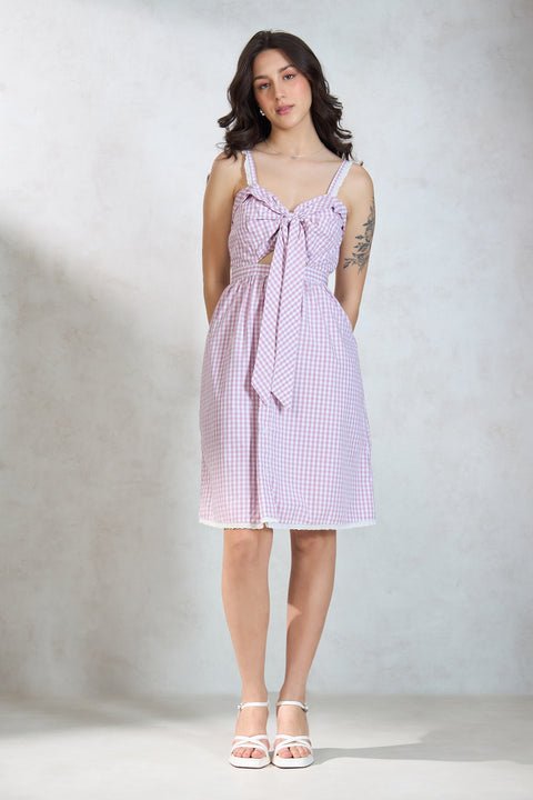 Eileen 100% Cotton Front Tie Lace Detail Dress - View 3